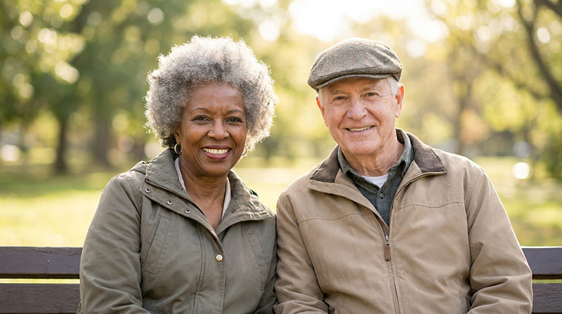 A smiling older couple seated on a park bench
