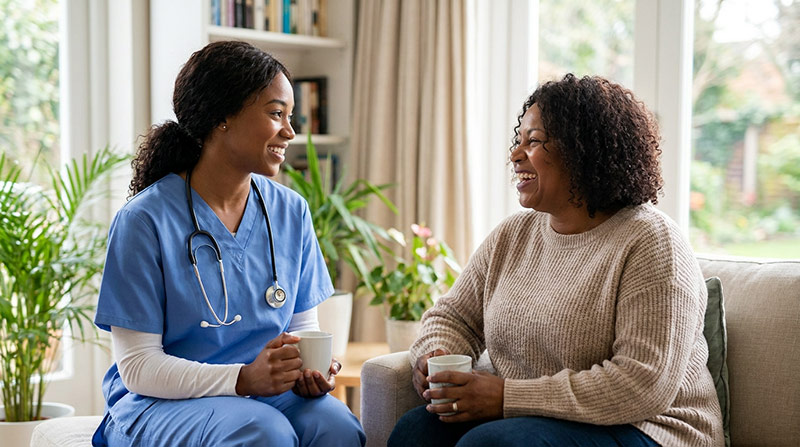 A clinician in a white coat talks with an older patient at home