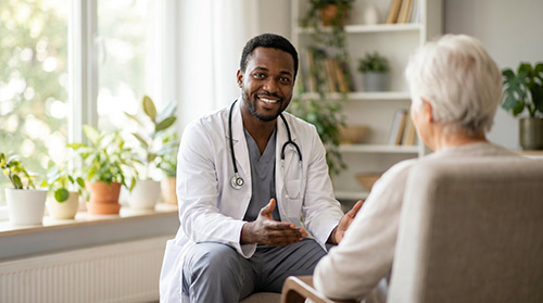A smiling physician in a white coat talks with an older patient at home