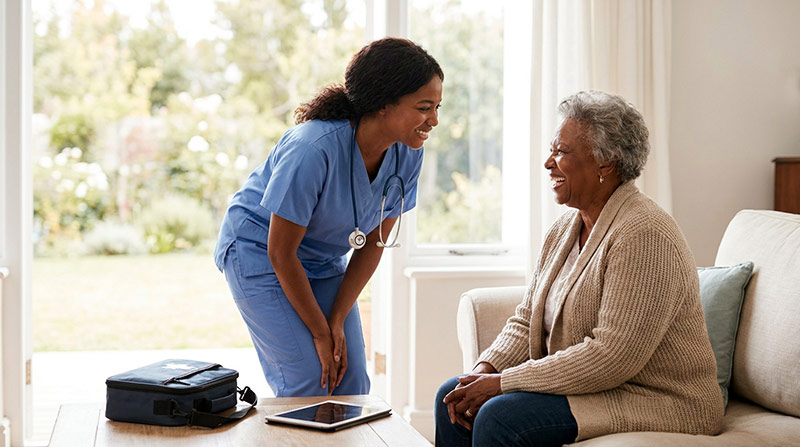 A clinician talks with an older patient in a bright living room