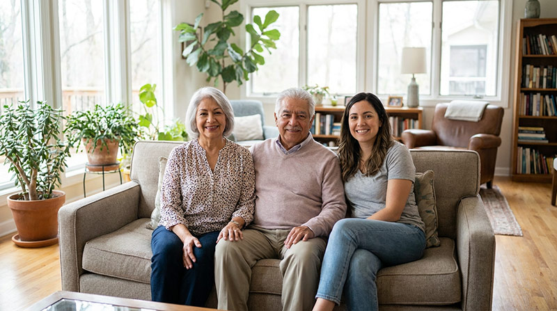 An older couple sits on a sofa at home with their adult daughter
