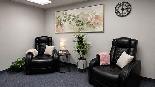A Renovare Chicago treatment room with two black leather recliners, a plant and a floral painting